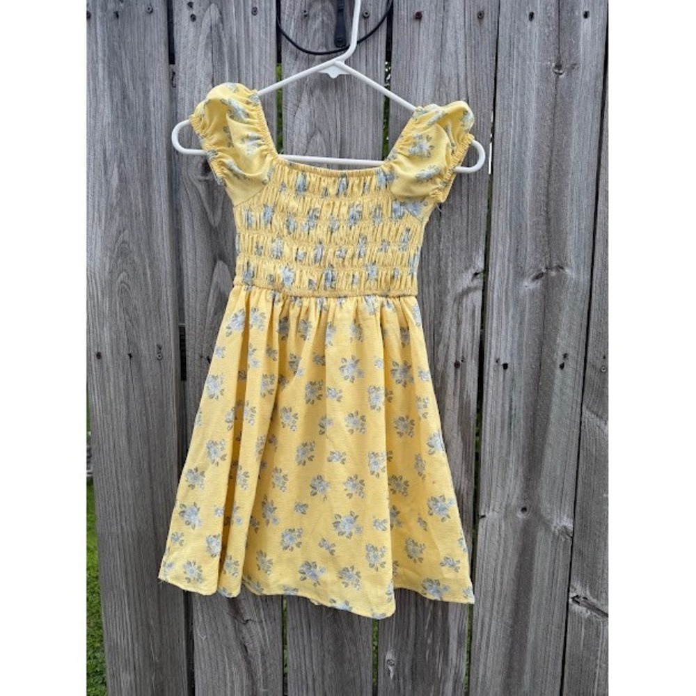Cottagecore Floral Derek Heart Sun Dress 7 Yellow Smocked Puff Sleeve A-Line